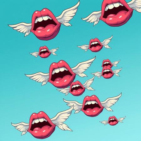 an illustration of a squadron of huge sets of detached lips with large white wings, flying through the blue sky