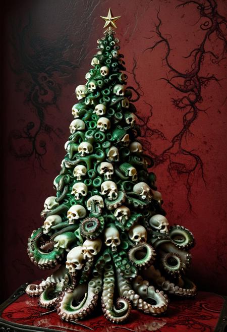 Gothic horror Christmas tree made of human skulls and green curled octopus tentacles for branches. Detailed. Plain red stone background. Skulls for the Skull Throne
