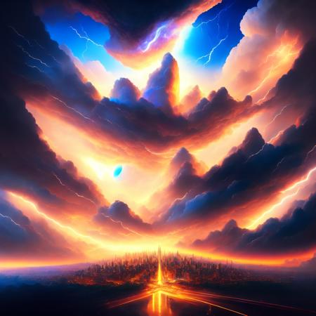 (neoolympus style:1) a painting of a city surrounded by clouds and lightning <lora:djzNeoOlympusV21_LoraBooth:1>