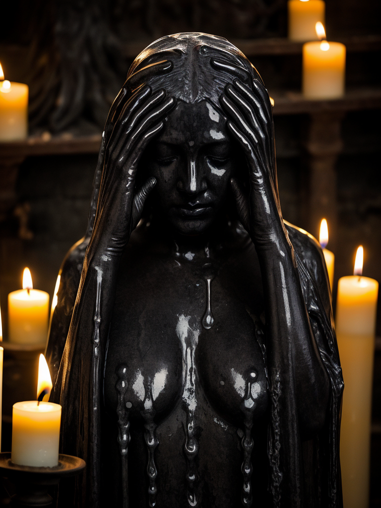 a photo of the statue of the personification of grief covered with candles and hot wax, covering the face with its hands, ...