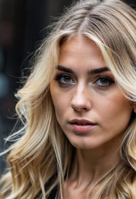 RAW photo, an eye contact of a blond with long hair and dark theme, 4k