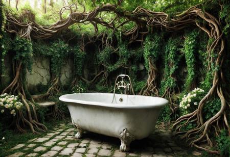 <lora:add-detail-xl:1>, morph-treeroots, A vintage porcelain bathtub overtaken and reshaped by twisting roots, faucets turned into blooming vines, ivy walls and broken tiles, serene decay and nature reclaiming man-made space