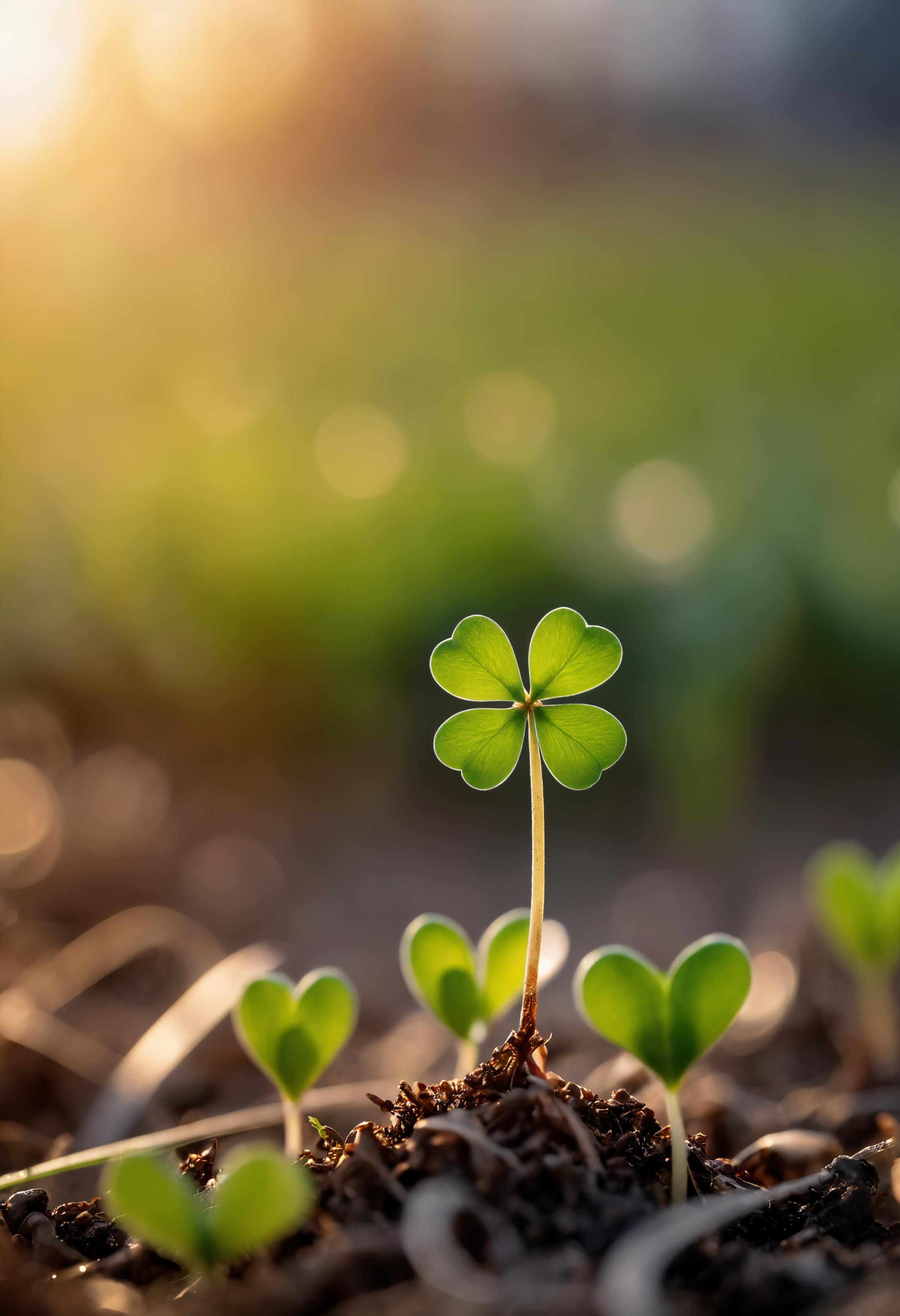 masterpiece,professional macro photography, small sprouting  Clover  plant  (symbol of hope, love and faith) in the war zo...