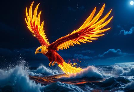 A Phoenix Made with Plastic Toys  , Flying in the sky, flying:1.4
,fiery colors, deep red, electric blue, molten gold edges, magic aura on legs, 
, wings spread wide, leaving a trail of glowing energy wave, 
flame, 
sea, night time, moon ,stormy sky,
dramatic backlight, high contrast,
,cinematic lighting, ultra-detailed, photorealistic, trending on ArtStation, 8K, masterpiece, octane render, 
novuschroma53 style,