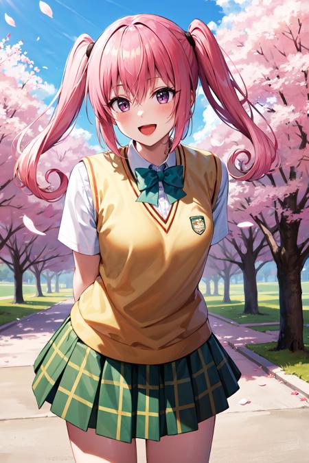 masterpiece, best quality, highres, aanana, long hair, twintails, school uniform, green bowtie, white shirt, sweater vest, short sleeves, plaid skirt, green skirt, <lora:nana_asta_deviluke_v1:0.7>, standing, cowboy shot, outdoors, smile, open mouth, leaning forward, arms behind back, cherry blossoms,