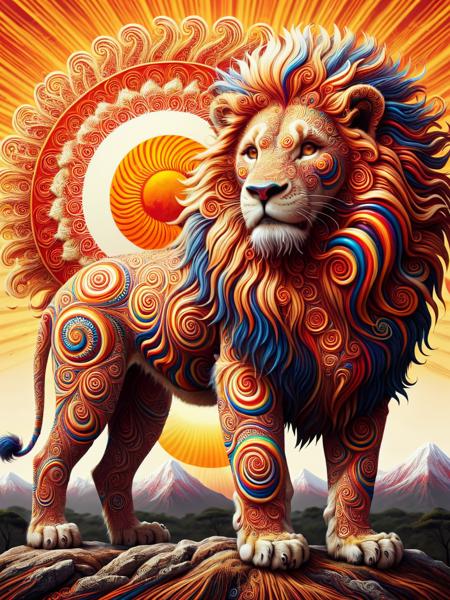 An photo of a ais-spirals lion with rising sun behind <lora:Colorful_Spirals_SDXL:1>.