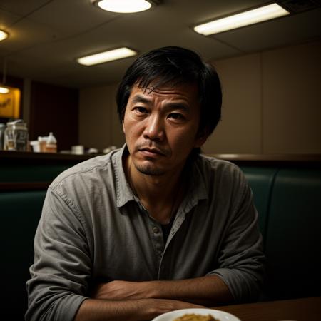 Gritty Portrait Photo of a weary,rugged individual sitting in a sparse,nondescript diner,his eyes betraying a sense of resigned acceptance,illuminated by the stark,fluorescent light overhead,from a close-up perspective,showcasing the film's exploration of fate,inevitability,and the changing nature of the world,<lora:more_details:0.7>,<lora:picxer_real:0.7>,asian face,