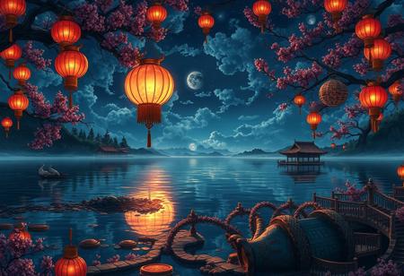 Insanely detailed close-up illustration of a Chinese_Sky_Lantern over a moonlit lake. Hyperdetailed, 8k, high resolution, by James Gurney, Greg Rutkowski, Fujishima Takeji, Hiroshi Yoshida, Artstation, DeviantArt, Concept art, maximalist, intricately designed, fantasy, fantastical, magic, magical.