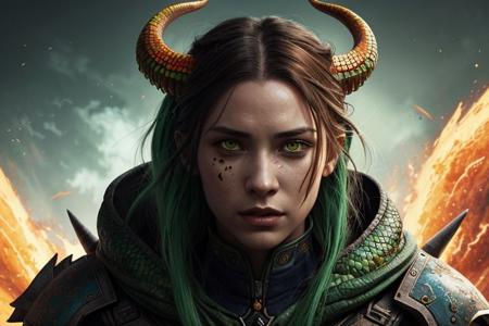 comic This stunning young woman, human dragon hybrid, extreme close-up, covered in green multicolored matte scales as skin, striking orange yellow reptilian eyes, dragon horns. Despite being bald except a braided auburn pony tail, she exudes confidence and strength, her expression conveying a sense of power and determination. dvrscls,style of Don Lawrence, style of (Will Murai:1.2), style of (Greg Rutkowski:0.8), <lora:dvrscls:0.5>, . graphic illustration, comic art, graphic novel art, vibrant, highly detailed,