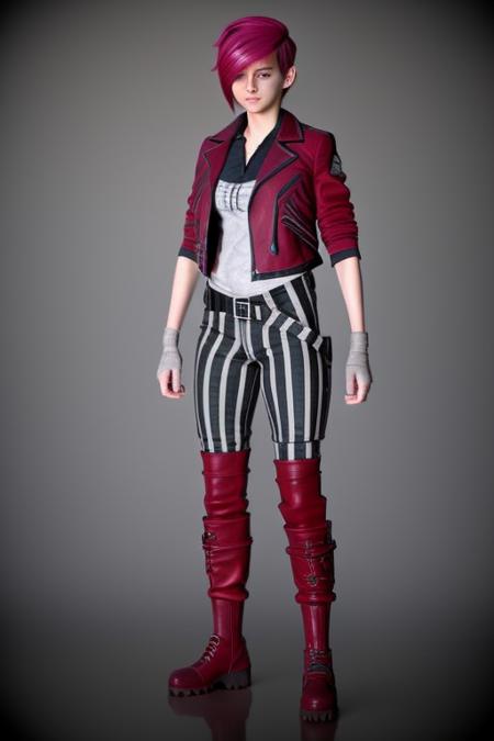 <lora:ArcaneVi-000021:1> arcanevi, a woman with medium short pink hair wearing a red leather jacket, female face, unreal engine character art, full body