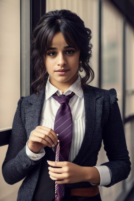 a women camila <lora:camila_model-000060:0.88> , wearing a tie, cupcake in her hands, school, indoors, (soothing tones:1.25), (hdr:1.25), (artstation:1.2), dramatic, (intricate details:1.14), (hyperrealistic 3d render:1.16), (filmic:0.55), (rutkowski:1.1), (faded:1.3) <