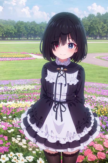 <lora:shiina_tsumugi-10:0.8>, shiina_tsumugi, 1girl, bangs, blue eyes, red eyes, eyes visible through hair, hair between eyes, heterochromia, short hair, black hair, standing, hair over one eye, long sleeves, frilled dress, black dress, black thighhighs, cowboy shot, arms behind back, masterpiece, smile, ((upper body)), outdoors, facing viewer, flower field,