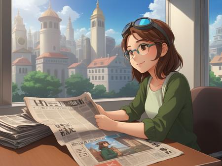 cartoon style, 1girl, brown hair, one_goggle_on_head, desk, one_newspaper, contemplative_smile, high quality, cityscapeï¼ <lora:CartoonStyle_Hap_XL:1.5>,cartoon style,anime,masterpiece,UHD,perfection,perfect,detailed, <lora:add-detail-xl:0.01> ,<lora:hand 4:0.00001> ,<lora:OverallDetailXL:0.0001>, <lora:detailed_notrigger:0.0001> ,<lora:xl_more_art-full_v1:0.01>, <lora:XDetail_light:0.00001> ,<lora:perfection style:0.00001>, <lora:age:0.00001>,