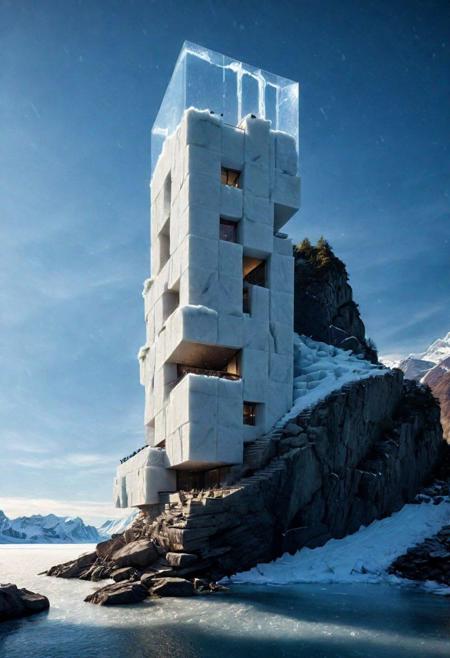Tower of Babel:1.4, aerial view of an incredibly tall, enchanted renaissance tower made of white to grey limestone, surrounded by ominous woods, rock cliffs, dark fantasy, sunset, architecture, masterpiece, high detail, crisp focus, depth-of-field, (intricate details, masterpiece, best quality:1.3),  (avant-garde, future, reality, science fiction, photorealistic), (modern architecture:1.2), (Philip Johnson:1.2), (Ludwig Mies van der Rohe:1.3), (On the Frozen ocean coast, floating icebergs, half inside the glacier:1.1), (Large Files, Ultra Realistic, 8K, 16k, FHD, HD, VFX, Perfect, Photography, composition, Architecture Sales Photography, Architecture Competition, Ultra High Resolution, Cinematography, High Resolution Image:1.1), (dramatic lighting, direct sunlight, ray tracing, clear shadow:1.1), (magnificent , Abstract Expressionism but extremely beautiful:1.2), [:traffic|windows|railing|stair|balcony|terrace|crowd|Sidewalk|vehicle|trees|equipment| detailed signal_details:0.7], [:marble|granite|lbrick|tile|metal|concrete|glass|foliage_material texture:0.7], (real landscape:1.1), (blurred background:1.0), [buildings|BREAK|trees|BREAK|Crowd|buildings|BREAK|trees|BREAK|Crowd|buildings|BREAK|trees|BREAK|Crowd:0.7], (background, more_details:0.3)
great lighting, extrusionbuilding, clear, vertical, void