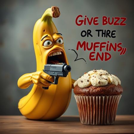 Hyper realistic banana pointing a gun to a muffin while screaming ‘give buzz or the muffins end', focun ons frase and hyper realistic style with living banana and muffin.