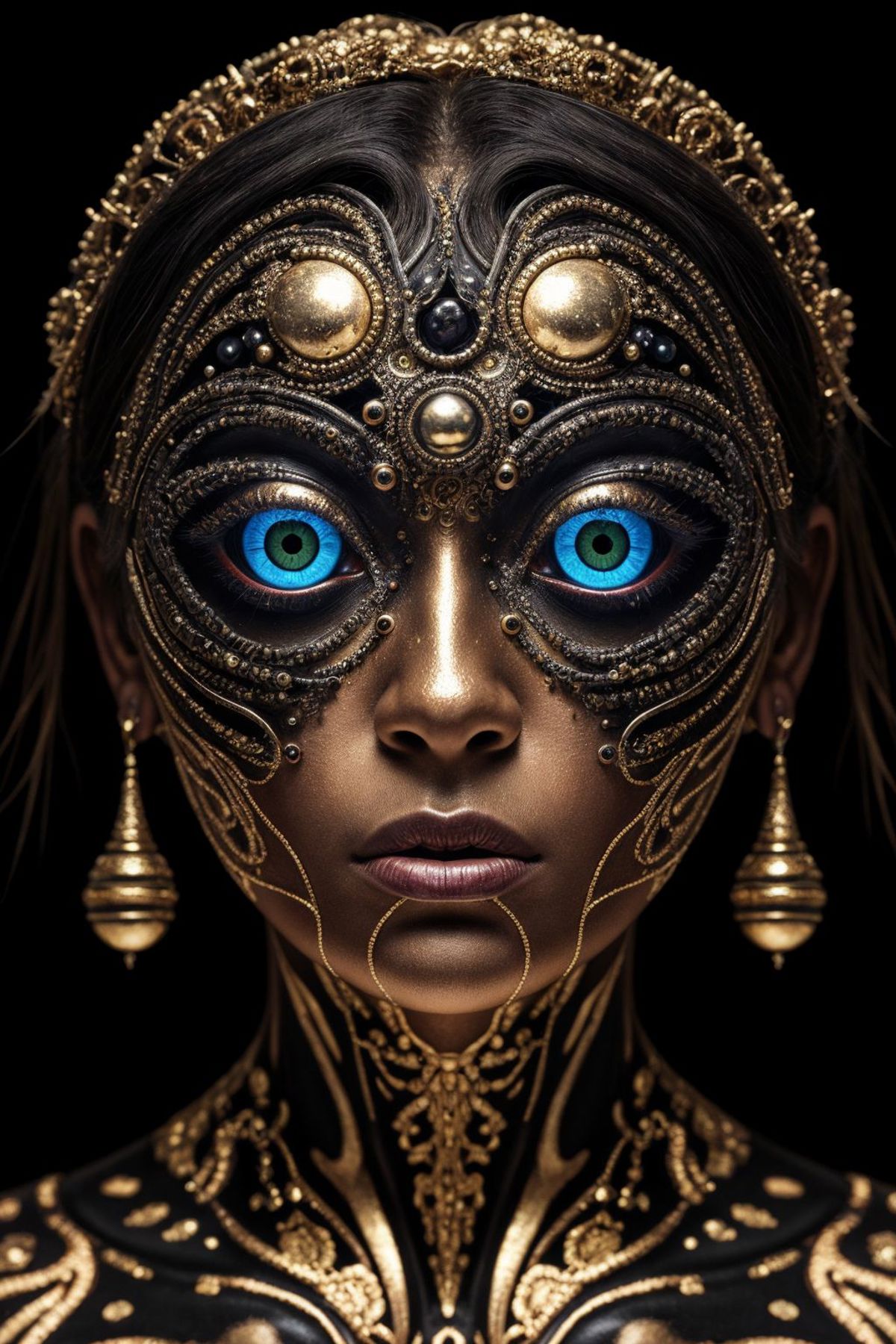 A woman with gold and blue eye shadow on her face.