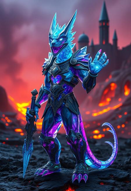 A highly detailed, intelligent portrait of a Krython, a crystalline species from volcanic realms. Standing upright with two hands, two feet, and a tail, the Krython wears ornate fantasy armor, holding an intricately designed weapon that hints at its advanced culture. Its body, made of multifaceted translucent crystals, refracts vibrant colors ranging from deep blues to shimmering purples. Its sharp, sleek limbs and angular features highlight both its intelligence and otherworldly elegance. Glowing eyes radiate internal energy, reflecting its emotions and keen awareness.
In the background, futuristic architectural spires of sci-fi design emerge from the volcanic terrain, crafted from crystal and metal, harmonizing with the surrounding geothermal environment. These towering structures pulse with energy, symbolizing the Krython’s sophisticated civilization.
The volcanic landscape, with molten lava and rising steam, glows in the eerie light of geothermal vents. The Krython stands confidently, manipulating energy waves with one raised hand, demonstrating its ability to communicate through harmonic vibrations. Cinematic lighting enhances the crystal textures and the vivid colors of the surroundings, emphasizing the majesty, power, and intelligence of the Krythons, guardians of their volcanic realm. (Ultra-realistic, 32k, Masterpiece, High Quality, Detailed Realistic Background, Official Art, Realistic Lighting, sci-fi).