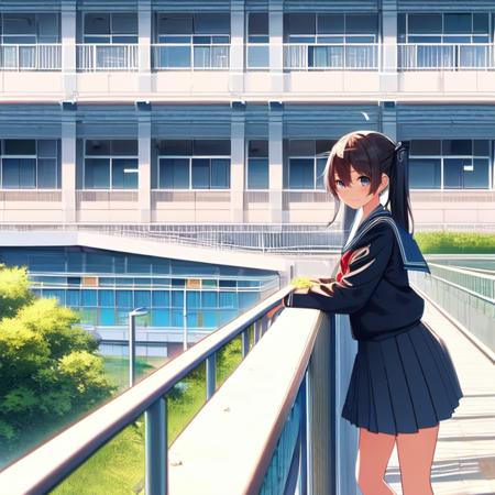 solo,  1girl,  14yo,  (((resting arms on school railings))),  ((leaning on school railings)),  outdoor corridor,  second floor,  twintail,  school uniform,  wind,  smile,  taiwan, School railings, school railings,<lora:EMS-211125-EMS:0.900000>