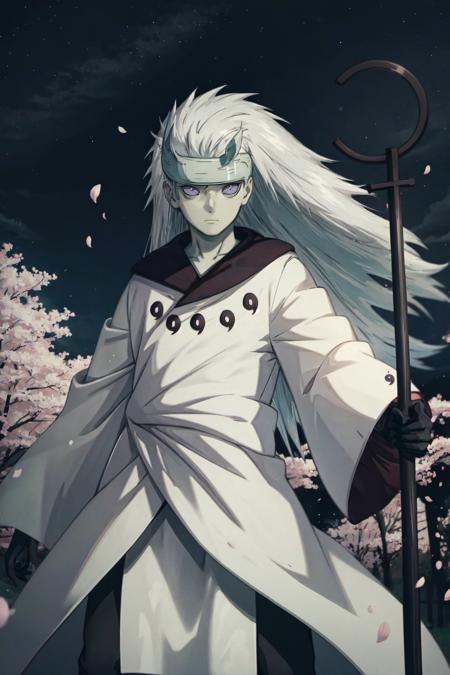 Madara, masterpiece, best quality, pale skin, long hair, gray hair, white tunic, black collar, black gloves, headband, black balls, purple eyes, <lora:Madara_Six_Paths:1>, black legwear, black staff, holding, looking away, night, cherry blossoms, forest, magic particles, expressionless