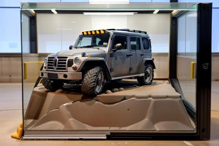 1 vehicle, 
wilwari ground vehicle
(figrne, on a base, behind glass case)
backdrop is wet concrete road of American highway, 
8k,