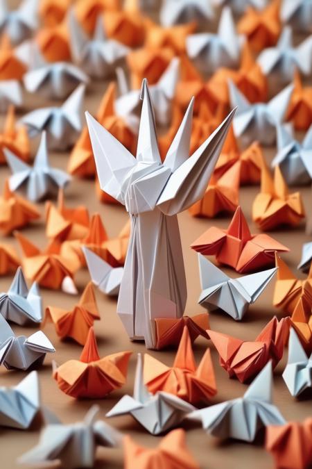 <lora:ORIGAMI:1>ORIGAMI - Transform and succeed or Success transformation and improving as a leadership in business through innovation and evolution concept with paper origami changed