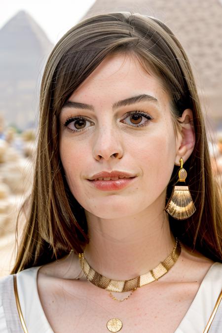 raw photo of a beautiful young woman, serious expression, pale, in a white dress, egyptian princess in an temple, gold necklace, pyramids in background, close up, 8k uhd, adorable face, sharp focus, fujifilm xt3