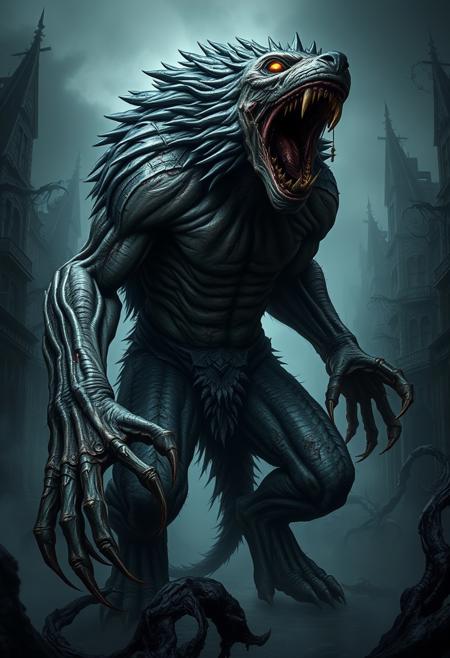 "Hyper-realistic depiction of a stylized werewolf boss, inspired by the dark, Gothic world of Bloodborne. The werewolf's body is a twisted, nightmarish amalgamation of human and lupine features, with bulging, pulsing muscles and eerie, glowing markings. Its fur is matted and dirty, with visible scars and wounds, and its eyes glow with a feral, otherworldly energy. The werewolf's claws are razor-sharp and stained with blood, and its jaws are open wide, revealing rows of jagged, yellowed teeth. The surrounding environment is a dark, mist-shrouded, Victorian-era inspired cityscape, complete with crumbling architecture and twisted, organic growths. Style: extremely detailed, hyper-realistic, and darkly atmospheric, with a focus on capturing the eerie, unsettling essence of Bloodborne's world and the werewolf's terrifying, imposing presence."