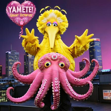 Bigbird1024, a giant yellow bird and a giant octopus, text ''Yamete!", pink background, hearts <lora:Bigbird1024-000255:0.8>