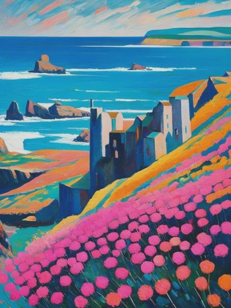 <lyco:AndreDerain:1.0> 102495. A painting by Pablo Picasso. A painting of striking sea pinks, or thrift, along the coastal cliffs of Orkney combines Cubist and Fauvist styles to showcase the captivating beauty of these resilient flowers. The composition utilizes bold shapes and a palette of vivid pinks, blues, and greens, highlighting the contrast between the delicate blossoms and the dramatic, windswept landscape.