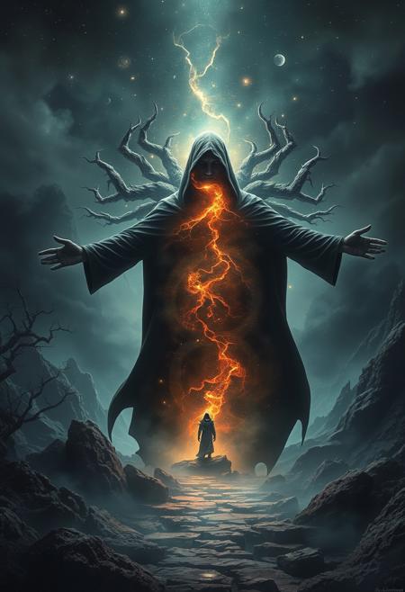 A universe inside a dark cloaked figure within mysterious landscape in an unfathomable realm of fantastic creation inhabited by ancient shadows of a forgotten time beyond the gate of the gateless gate where life is limitless, light is shadow and shadow is light, eerie sense, horror, spark of the beginning, existence and nonexistence at once, ethereal, outstretched arms, behold the end of the beginning, inglorious glory to the dark one, betrayal of the ancient order, beware the 7headed beast, destroyer of the old ways, bearer of the unbearable, nightmarish, archaic runes, tree aging backwards, breath of the gods, ruins of a place unimagined, extreme intricate detail, photorealistic, beyond epic scene, fate discarded, unseeable face of god, the end is the beginning, the beginning is the end