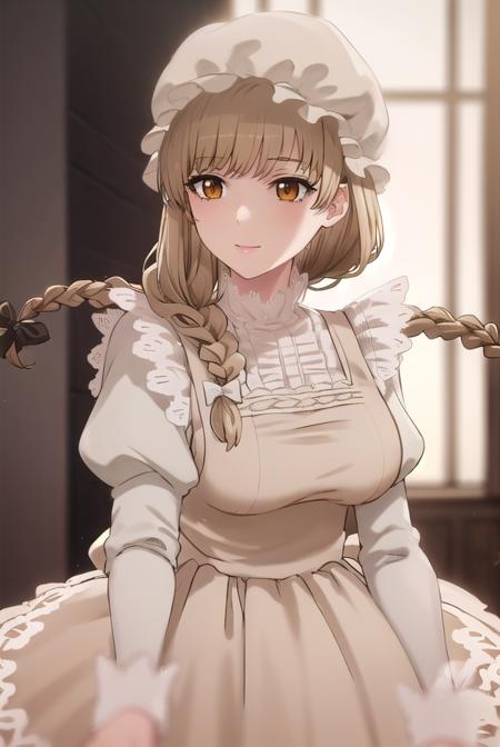 macrophage, long hair, blonde hair, (brown eyes:1.5), braid, braid ponytail, long sleeves, hat, dress, bow, apron, maid, mob cap, maid apron, frills, puffy sleeves, white headwear, juliet sleeves,