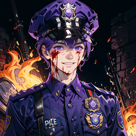 The_Man_Behind_The_Slaughter, Purple Outfit, police officer, hat, british, close up, upper body, burning smile, purple flames