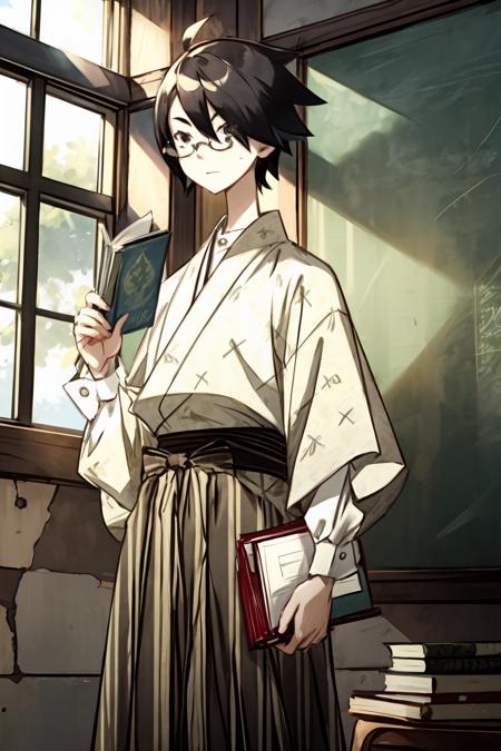 (masterpiece:1.2), ultra detailed,<lora:ItoshikiNozomu:0.85>, Itoshiki, glasses, hakama, kimono, glasses, blackboard, standing, book,  windows, sunlight, best quality ,<lora:Adddetail:0.7>