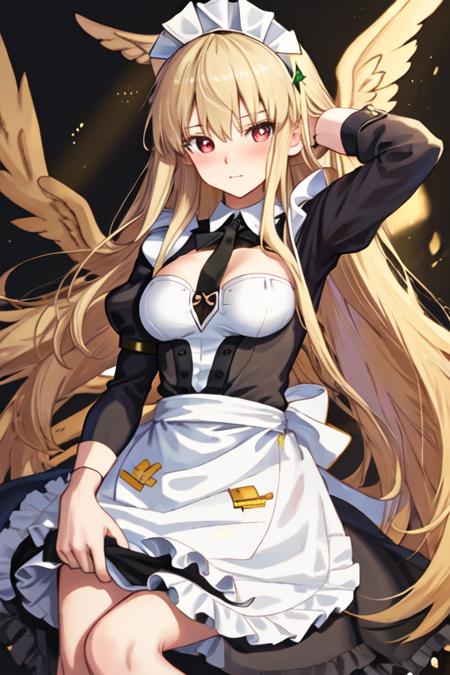 best quality, masterpiece, highres, solo, {maid:1.40}, {long maid dress:1.15}, {thrud_fgo:1.15}, long_hair, blonde_hair, head_wings, red_eyes, breasts, bangs, blush, large_breasts