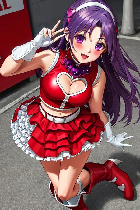 (masterpiece), (best quality), (ultra-detailed), intricate detail, athena97, 1girl, solo, purple eyes, purple hair, long hair, white earrings, yellow hairband, red heart ornament, medium breats, red vest, white turtleneck, white puffy sleeves, red pleated skirt,purple sphere shape necklace, white fingerless gloves, white socks, red boots,on street,moon, photography,(blush:1.1), (smile),cleavage cutout, blurry background, on back <lora:30_Athena03:0.8>,(white panties),(),open mouth