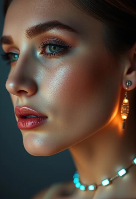 subtle subdermal LED jewelry, natural glow, soft lighting, (warm LED accents:1.3) around the neck and earrings, elegant facial lighting, (embedded LED glow:1.5), minimalist beauty tech, (natural skin tone:1.4), soft makeup look, flawless complexion, warm, glowing skin, high-definition, jewelry infused with soft light, (understated elegance:1.4), (glowing LED accents:1.2) highlighting facial features, ultra-realistic textures, seamless integration of technology, smooth skin, natural glow highlighting cheekbones and jawline, soft, warm lighting around the face, gentle under-skin LED accents, (radiant but natural:1.5), tech-infused beauty, subtle glowing effects from jewelry, delicate light reflections, refined elegance, modern beauty with advanced tech, high-resolution, radiant skin