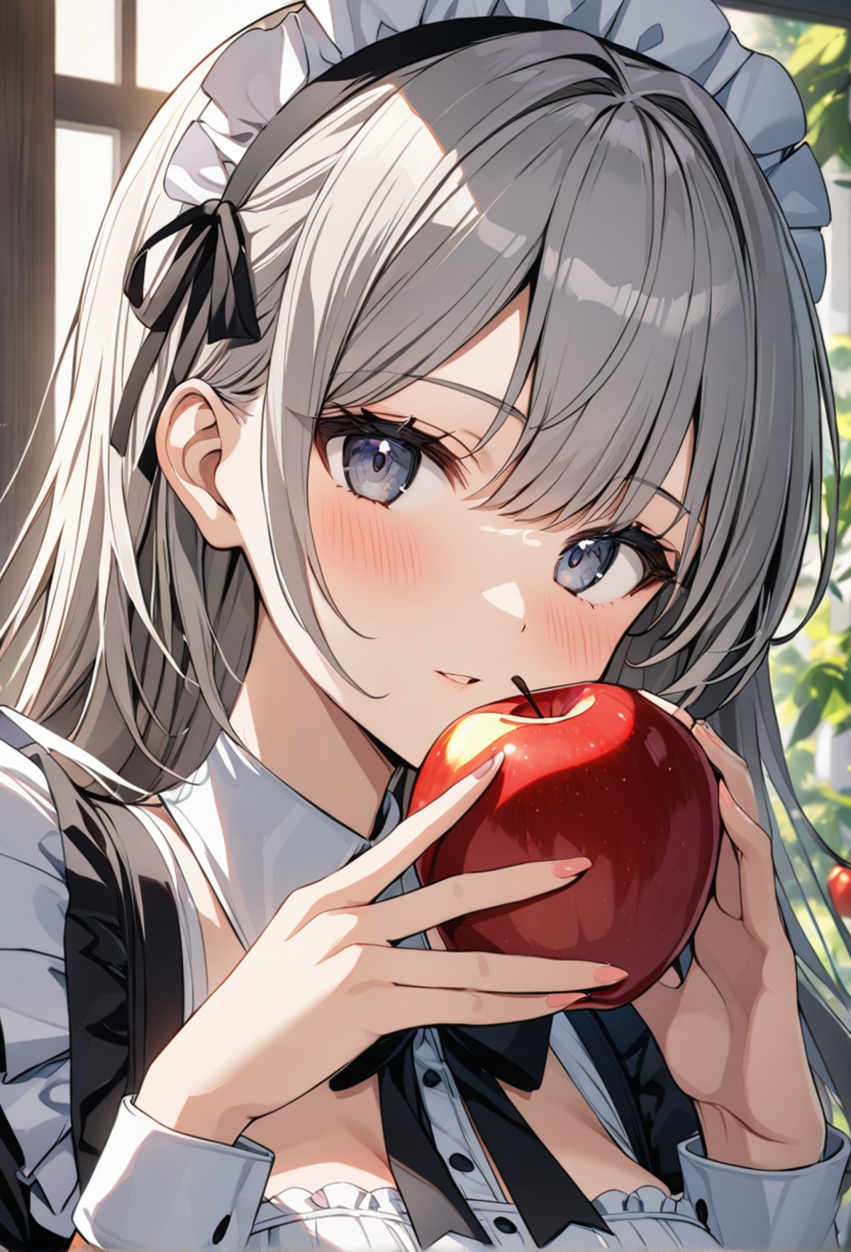 1girl,solo,Grey hair,long hair,maid's outfit,close-up of face,looking at viewer,holding apple in hand,
highly detailed,bes...