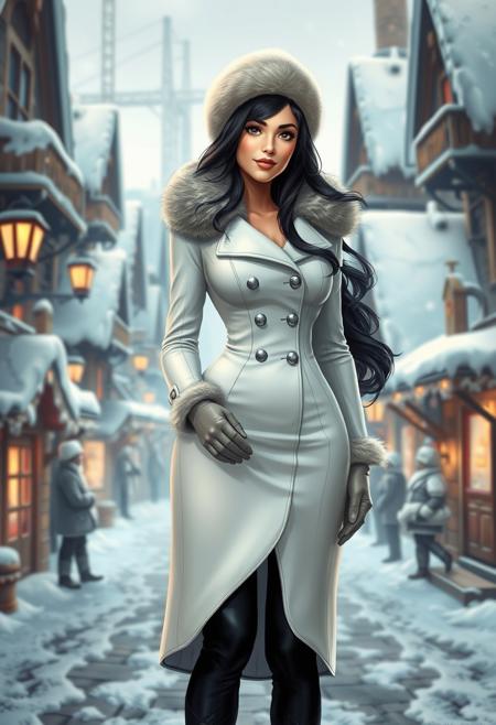 Digital illustration, 3d rendering, (comic book artstyle reminiscent of marc simonetti, jim lee, michael turner, mixed with Pixar Disney princess). A gorgeous young woman with long dark hair standing in a frosty gingerbread town, she wears a form fitting long white winter coat with fur trim, a fur hat, and gloves, her flirty smile is alluring and inviting, the scene is industrial and reminiscent of christmas