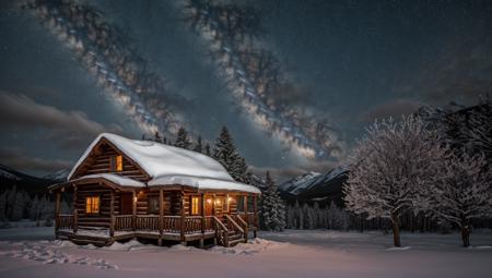 ((masterpiece:1.4,best quality)), cloud, outdoors, night, stars, moon
(mountains), spring glade, scenery, sky, winter, (cabin:1.2), tree,
 high detail, abundant, 8k, high detail, wallpaper,