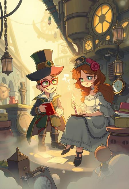 A soft, dreamy illustration featuring a fantastical steampunk setting with sorcery and fantasy elements. The style is cartoonish, with intricate details, playful humor, and exaggerated expressions. Hazy, soft lighting creates a dreamy atmosphere, contrasting with the intense, dramatic lighting elsewhere.