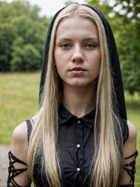 photo of a 20 year old Scandinavian named Eva, summer, wearing a gothic outfit, no makeup, natural, submissive expression, hard shadows, soft lighting, sharp focus, skin details
