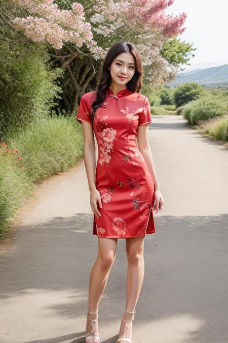 detailed, beautiful, cute, full body shot, scenic view, professional photo, <lora:Detail Slider V2 By Stable :0.4>
<lora:China Dress By Stable Yogi:1> crimson, short china dress, floral print