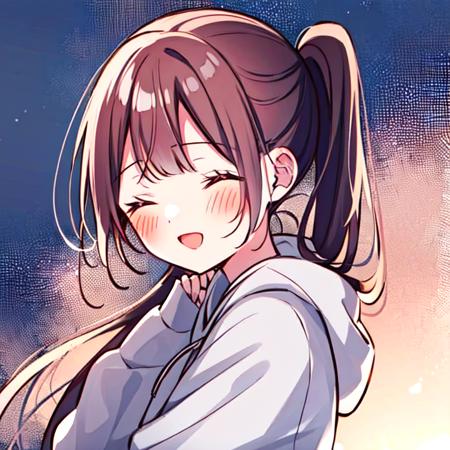 masterpiece, best quality,<lora:WakaSakuraba:0.8>, waka sakuraba, 1girl, solo, long hair, blush, smile, open mouth, bangs, brown hair, long sleeves, closed eyes, upper body, ponytail, :d, hood, sleeves past wrists, hoodie, ^_^, pink background, hood down, white hoodie