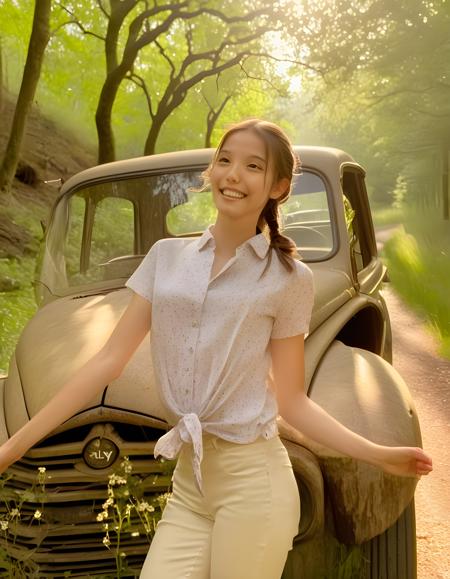 A close-up image of 4LY554, a radiant woman with a beaming grin, is captured from a low angle as she playfully leans against the rustic wooden frame of an old car parked on a winding forest road. The golden hour sunlight filters through the dense foliage of a towering oak tree, casting dappled light across her face and onto the vibrant floral print short-sleeved shirt adorning her slender frame. Her long ponytail is cascading down her back, while a delicate braid adorned with tiny wildflowers peeks out from under the hem of her shirt. The image exudes a carefree and joyful spirit, as if she has just discovered a hidden treasure in this enchanting forest setting.