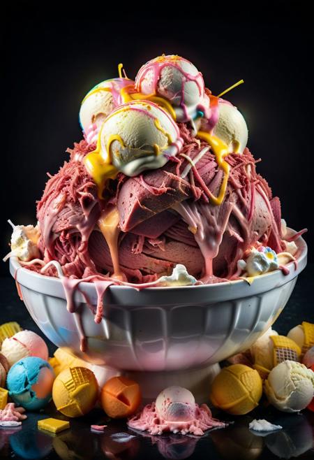 showcase photo, professional composition, amazing quality, masterpiece, best quality, hyper detailed, ultra detailed, UHD, perfect anatomy, portrait, dof, hyper-realism, majestic, awesome, inspiring, ad photo of a big bowl of shredded corned beef with three scoops of (multicolored ice cream),  cinematic composition, soft shadows, national geographic style, extremely detailed,