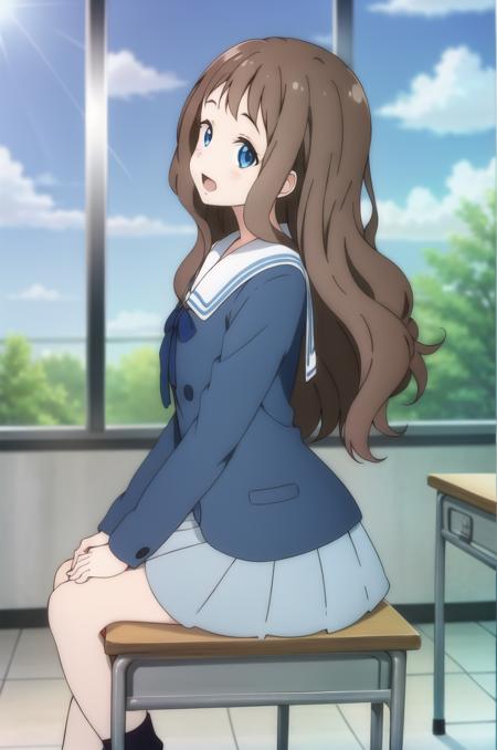 <lora:ShindouAi-v1-07:0.7>, ChopioShindouAi, brown hair, long hair, wavy hair, blue eyes, (looking at viewer:1.3), mature female, small breasts, outfit_1, blue jacket, serafuku, long sleeves, buttons, white shirt, white sailor collar, blue neck ribbon, pleated skirt, grey skirt, black kneehighs, outfit_2, idol, headset, microphone, orange dress, pink vest, wings, orange bow, short sleeves, frilled dress, wrist scrunchie, hair bow, hair ornament, high heels, orange footwear, outfit_3, white shirt, cardigan vest, white sailor collar, pleated skirt, grey skirt, outfit_4, track suit, track pants, track jacket,