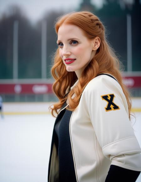 <lora:JessicaChastain:1> 1970 photo of  33 year old  JessicaChastain, in danmark, on the hockey field , soft lighting, tack sharp, 4k, dslr