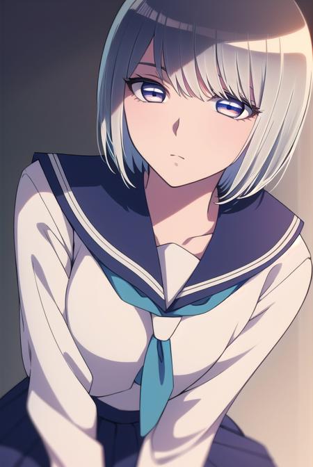 eleonore, short hair, white hair, (white  eyes:1.5), skirt, school uniform, serafuku, socks, blue shirt, blue skirt, white necktie, long sleeves, bare shoulders, sleeveless, belt, pants, crop top, denim, jeans, necktie, collared shirt,  navel, midriff, collar, sports bra, pants,