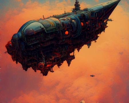 textless, photo of intricate detail heavily armed steampunk JovianSkyship floating high above the orange clouds at sunset against a starlit nights sky (by Cyber-Samurai:1.2)