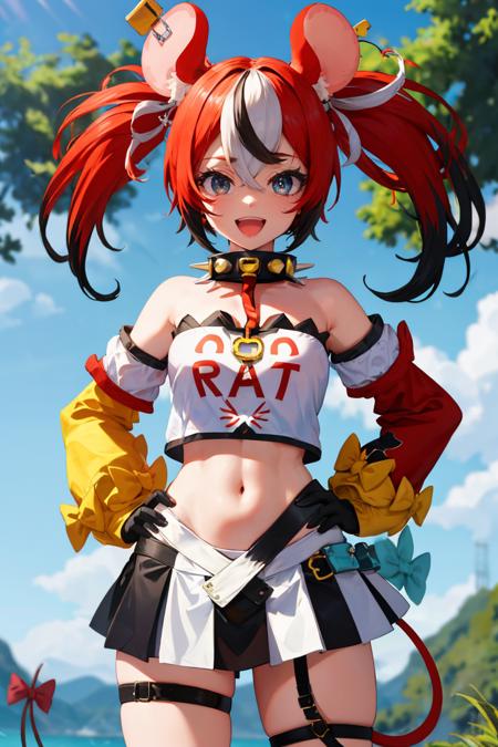 masterpiece, best quality, absurdres, BaelzBase, twintails, dice hair ornament, spiked collar, key necklace, white shirt, yellow detached sleeve, red-blue CHSleeve, black gloves, midriff, multicolored skirt, thigh strap, mouse tail, tail bow, hands on hips, outdoors, :d, smile, <lora:HakosBaelz:1>